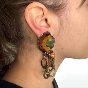 Vintage Boho Multicolored Green & Brown Dangle Clip On Earrings